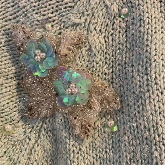 Vintage Rafferty Silk Angora Mint Green Sweater  Sequins and Pearls Size Large - Picture 3 of 10